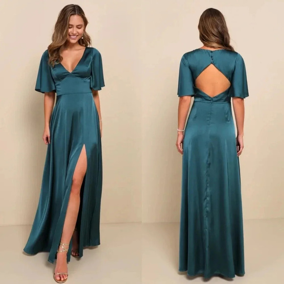 Lulu's Elegant Confidence Teal Satin Flutter Sleeve Cutout Maxi Dress Wedding - Picture 1 of 11